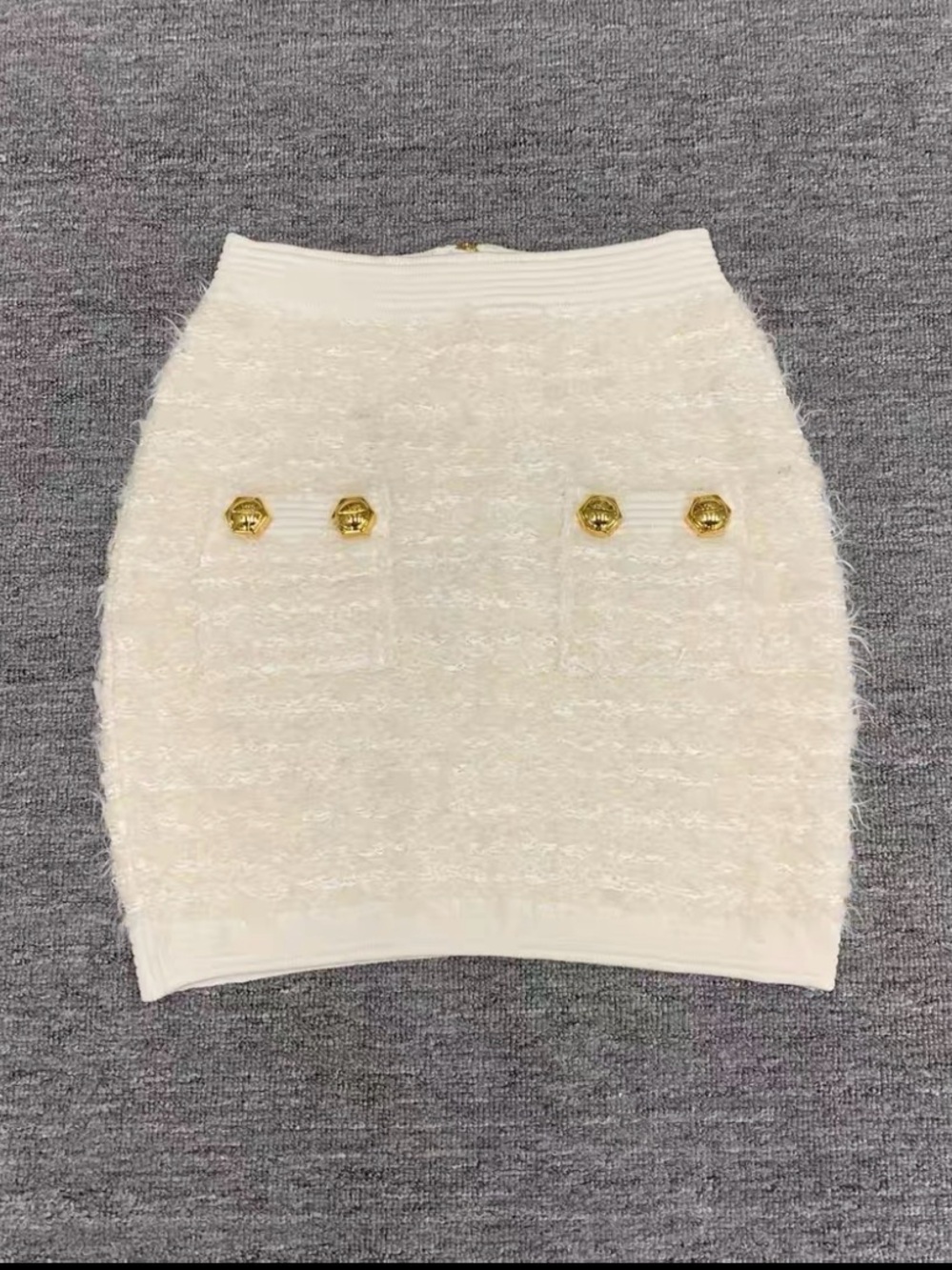Balmain White Tweed Mini Skirt with Gold Buttons